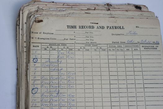Old Time Record and Payroll in an archived with dust dated 1976.