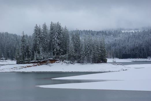 Snow covered shoreline on a sierra mountain lake