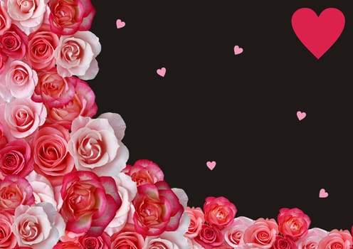 Border, roses, hearts, black background