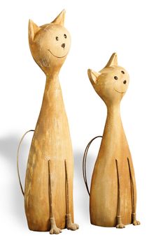 Abstraction. Two happy cats (wooden toys). Isolated on white.
