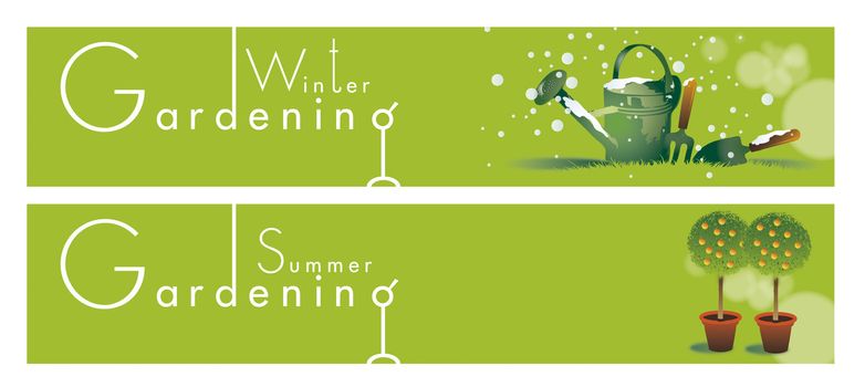 Two horizontal gardening themed banners set on a green background base. Winter and summer themed.