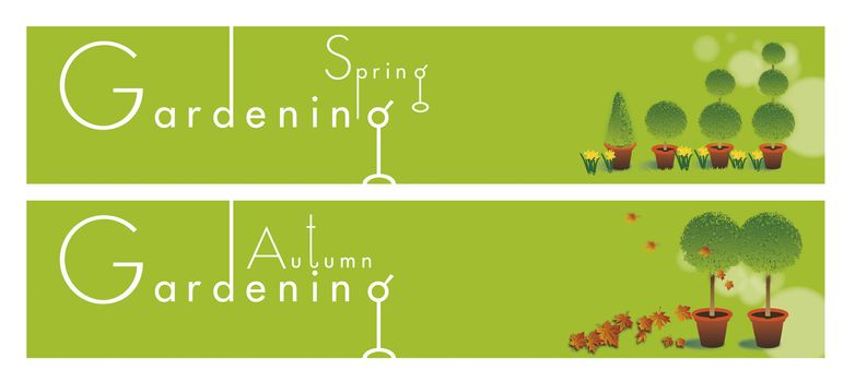 Two horizontal gardening themed banners set on a green background base. Spring and Autumn themed.