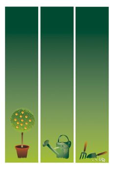 Three vertical gardening banners set on a graduated green background base. Topiary,Watering Can and Garden Tools. Space for additional copy etc.