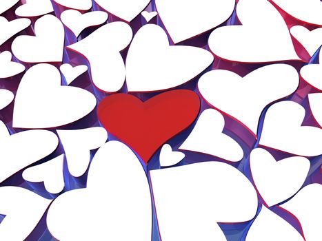 Background with hearts in white and one red heart.