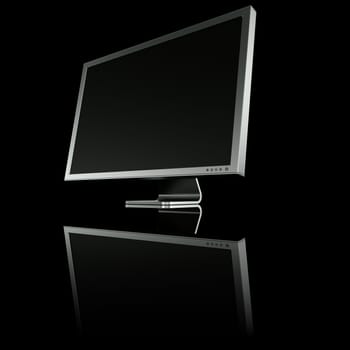 3d rendering of an aluminum monitor on black reflective ground