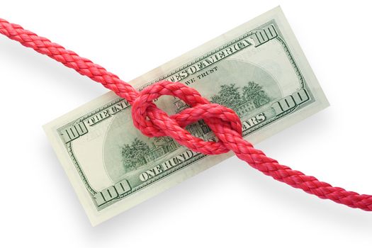 The red cord with reef knot on a banknote. Isolated on white. Conception of risk or difficulty.