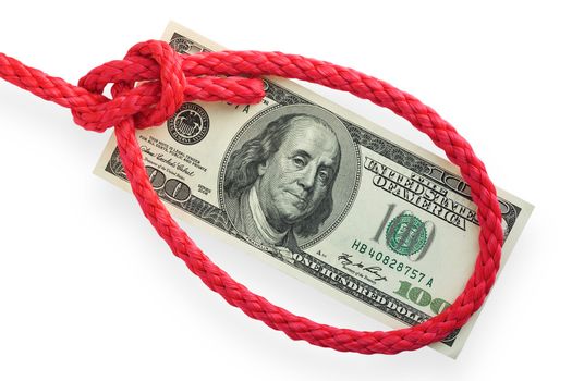 The red cord with bowline knot (loop) on a banknote. Isolated on white. Conception of risk or difficulty.