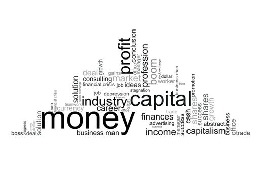 Illustration with different economic terms in black and white