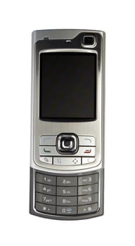 Modern Small Silver Mobile Phone On A White Background, Communication Technology
