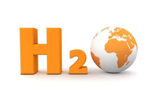 chemical symbol H2O for hydrogen oxide in orange - a globe is replacing the letter o