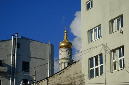 Church between houses