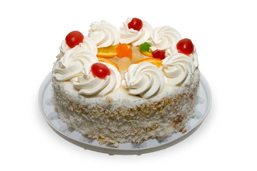 Cake with fruits on white backgroud. Cliping path.