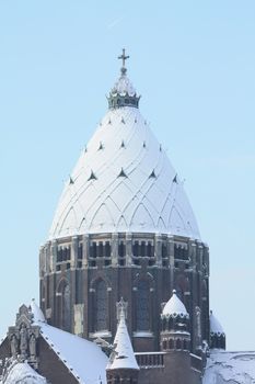 Detail of the saint Bavo cathedral in Haarlem, covered in snow