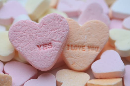 Valentine candy hearts in sweet colors, yes I love you text