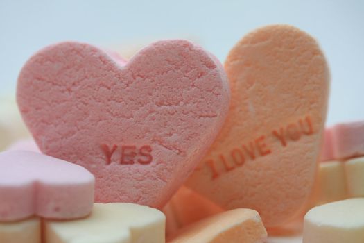 Valentine candy hearts in sweet colors, yes I love you text