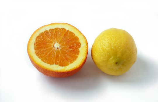 colored slice of orange and lemon with rough surface pattern isolated on white with shadows