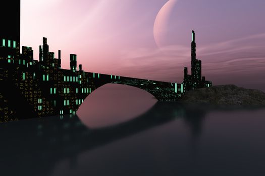 A beautiful city is reflected in calm waters on another world out in the galaxy.