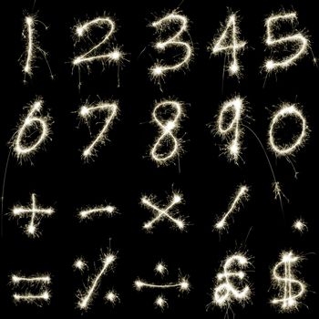 numeric characters and symbols composed of sparkler trails