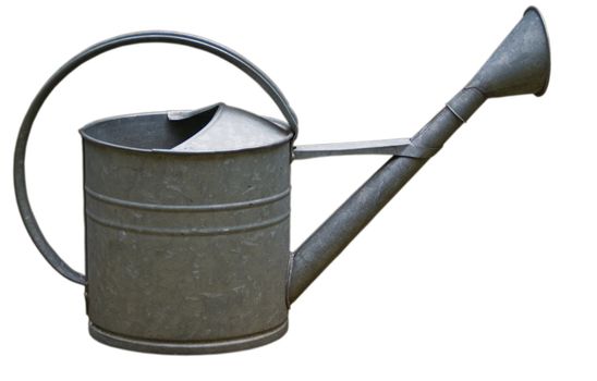 Very old authentic metal watering can used for gardening on a neutral background. Handle forms beautiful half circle, long straight trunk with wide bell. Watering can is still used.