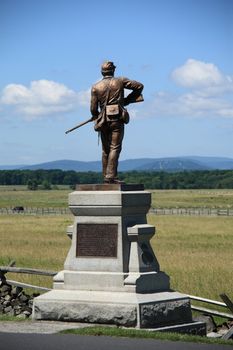 Monument on Cemetery Ridge overlooking battle site at Gettysburg National Military Park in Pennsylvania