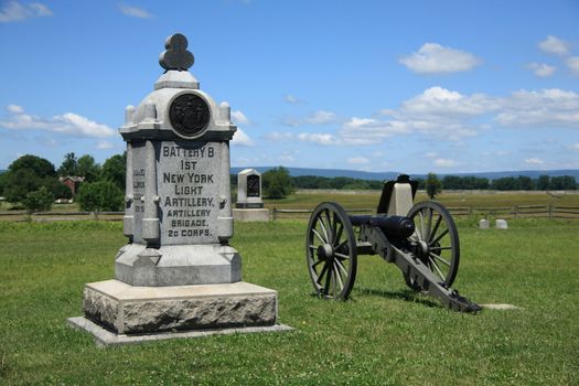 New York monument and cannon on Cemetery Ridge overlook battle site at Gettysburg National Military Park