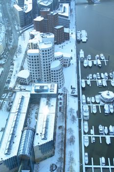 Panorama of winter Dusseldorf with Geri Buildings and anchorage