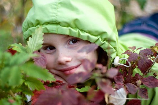 smiling little girl in the hood hiding behind autumn leaves