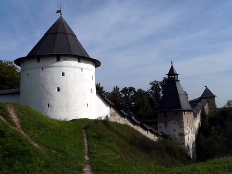 Wall of Pechora monastery. Russia, Pskov region.