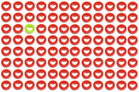 A single green heart surrounded by a crowd of red hearts