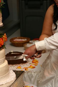 A newly married couple shares in cutting their wedding cake.