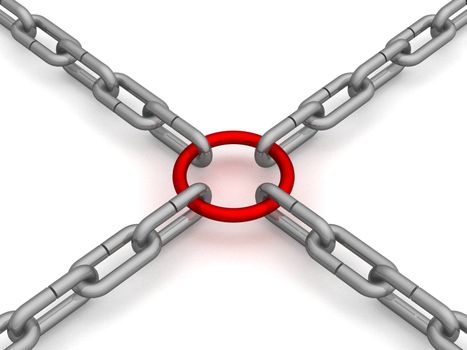 Chain fastened by a red ring. 3D image.