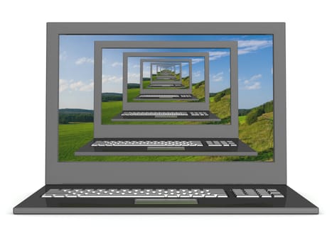 Recursive 3D image of laptops with a landscape on the screen.