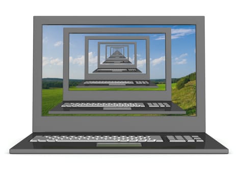 Recursive 3D image of laptops with a landscape on the screen.