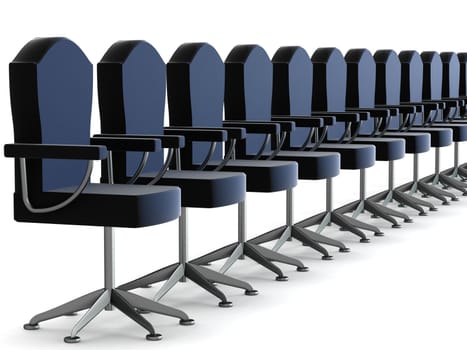 Row office armchairs on a white background. 3D image.