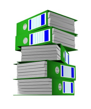 Row of green folders with documents on a white background