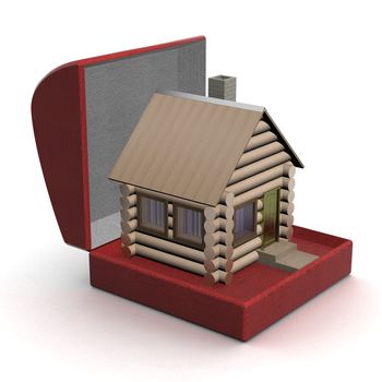 Wooden small house in a gift box. 3D image.