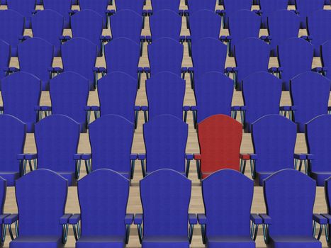 Rows of dark blue armchairs and one red. 3D image.