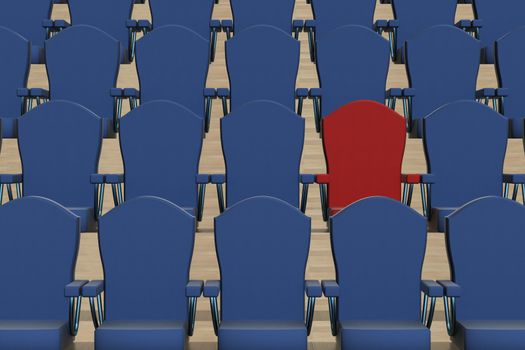 Rows of dark blue armchairs and one red. 3D image.