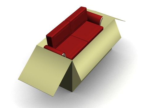 Red leather sofa in a packing box. 3D image.