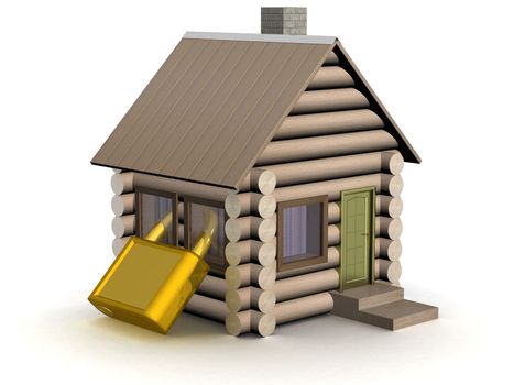 Wooden small house. The safety concept. 3D image.