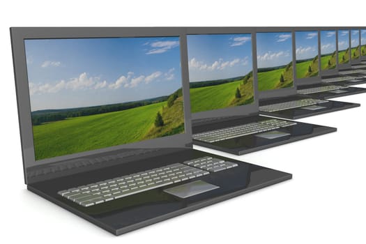 Row open laptops with a landscape. 3D image.