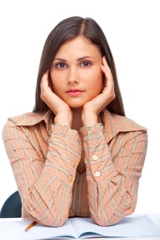 Cute female student portrait against white background