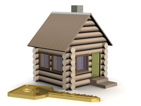 Wooden small house with a key. The isolated illustration. 3D image.