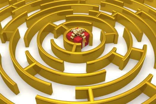 Gold labyrinth with a prize. 3D image.