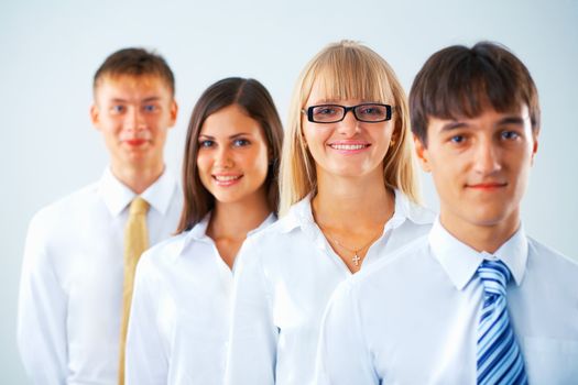  Portrait of happy business group standing in a row