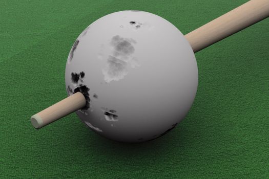 Old billiard ball punched cue. 3D image.