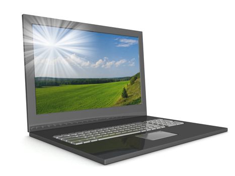 Open laptop with a landscape. 3D image.