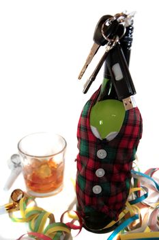 bottle dressed in jacket warmer with car keys on white background depicting drunk driving and addictions can kill