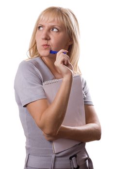 Blonde woman with note pad thinking with pen in her hand. Isolated on white. #1