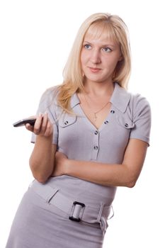 Blonde woman thinking with cell phone in her hand. Isolated on white. #4